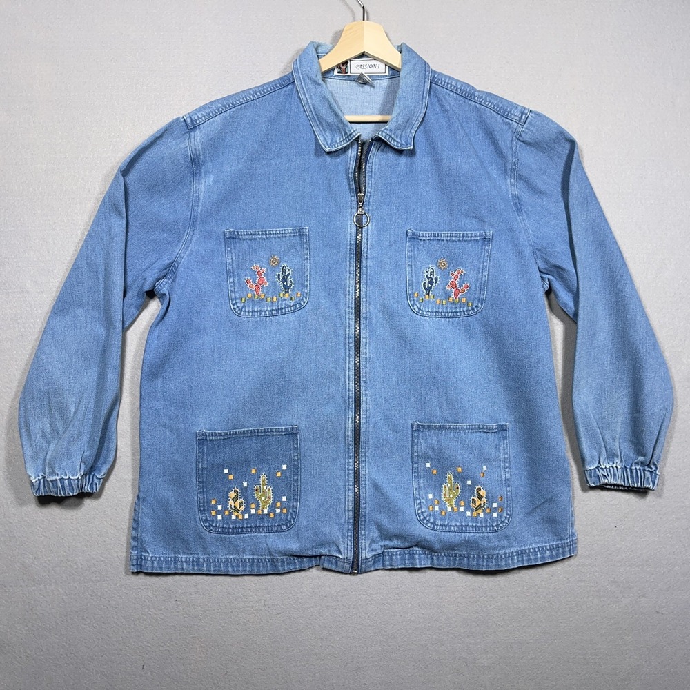 Passion-I Cactus Embroidered Denim Jacket Women XL Relaxed Blue Western Vintage